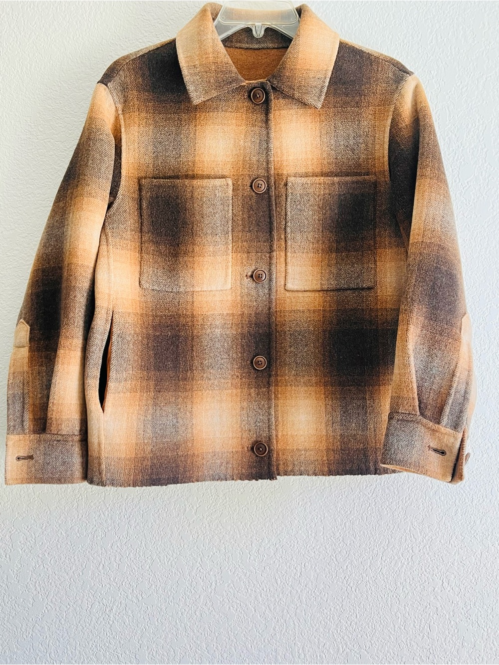 Banana Republic Plaid Reversable Coat Shirt Jacket Tan Brown Wool Button Up XXS